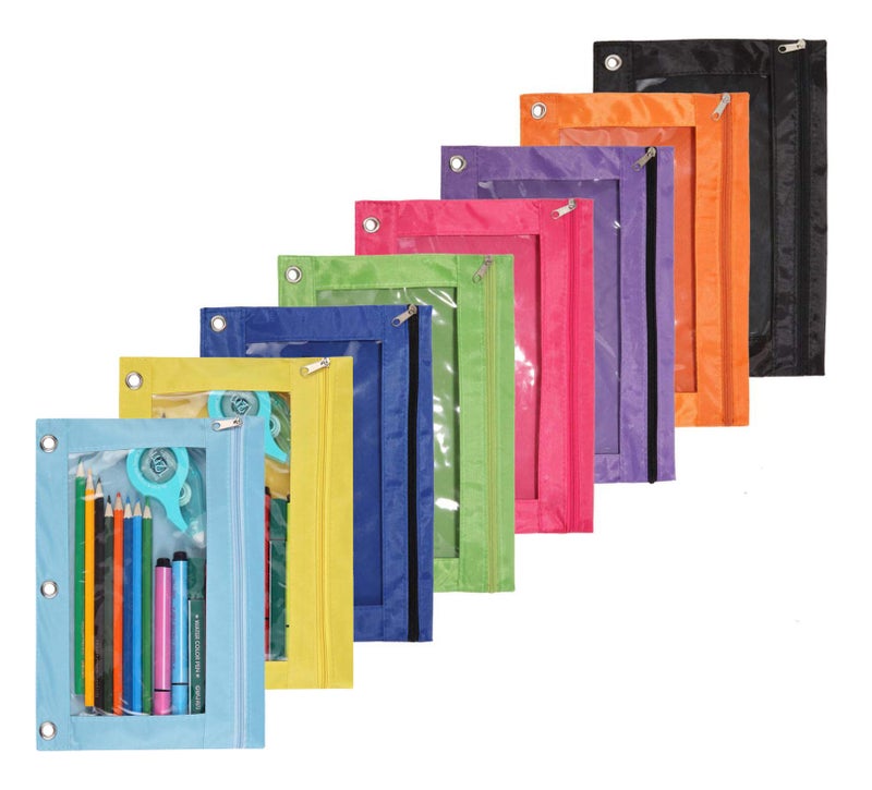 SdeFe Zippered Binder Fabric Pencil Pouch 3 Rings with Clear Window for School Classroom Organizers 8 Pack (Multicolor) - Image 1